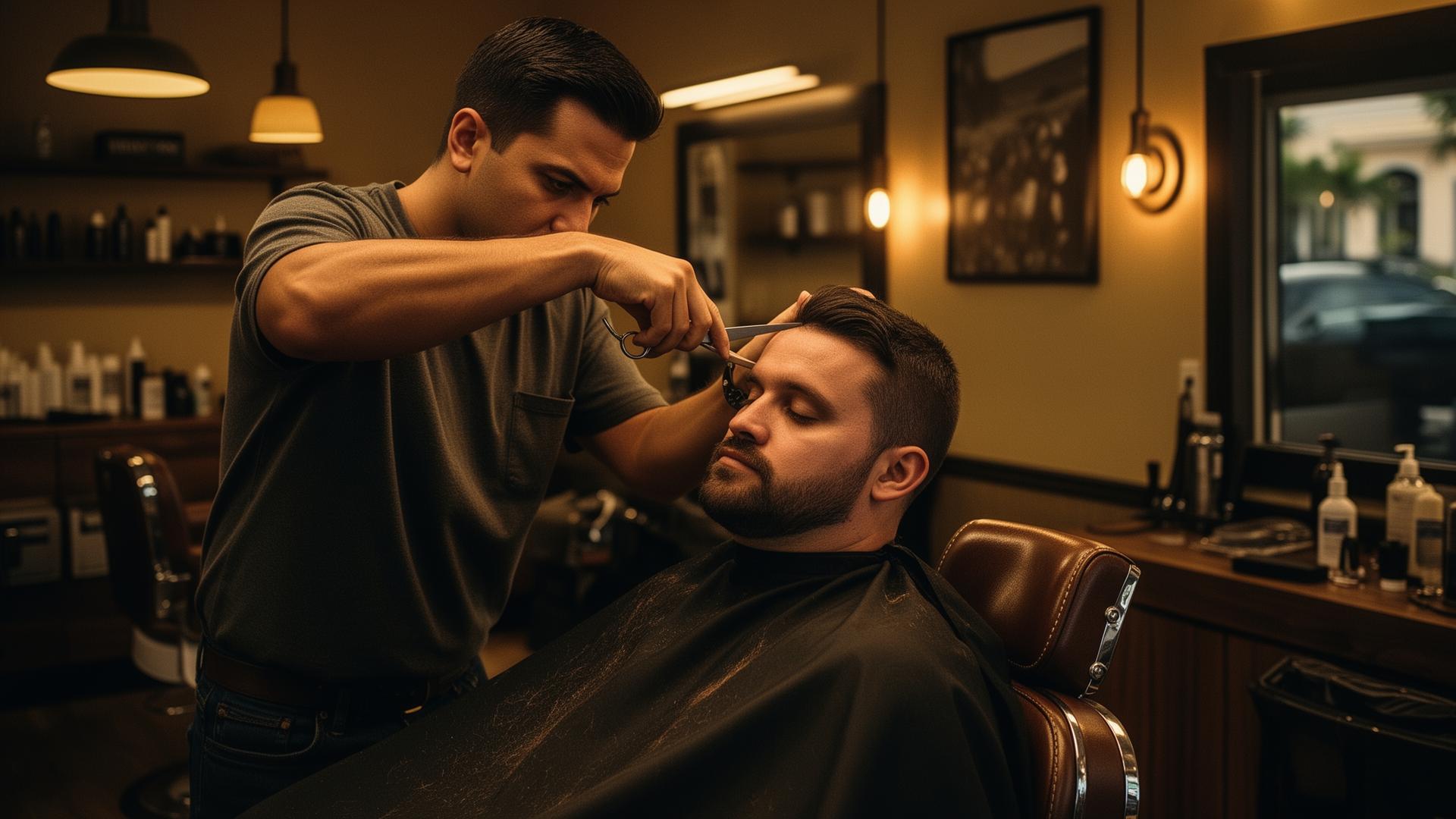 Barber giving a precision cut at Showtime Barbershop in Hollywood, FL